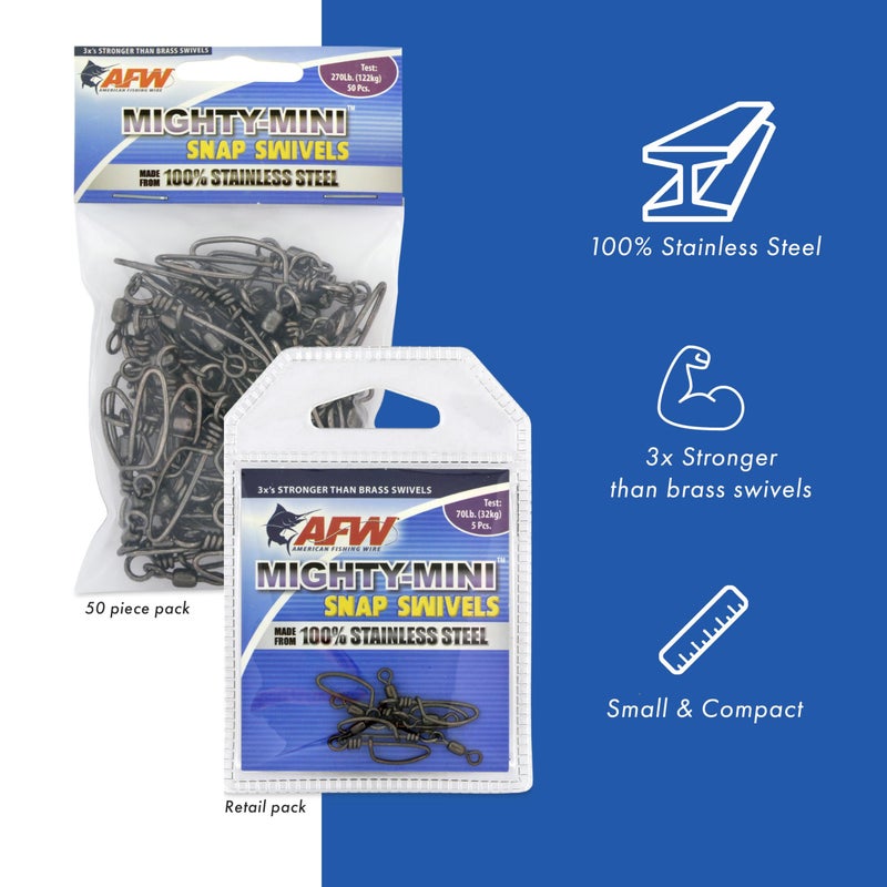AFW American Fishing Wire Mighty Mini Stainless Steel Snap Swivels, Size #2, 270 lb Test, Gunmetal Black, 3 pc - Image 2